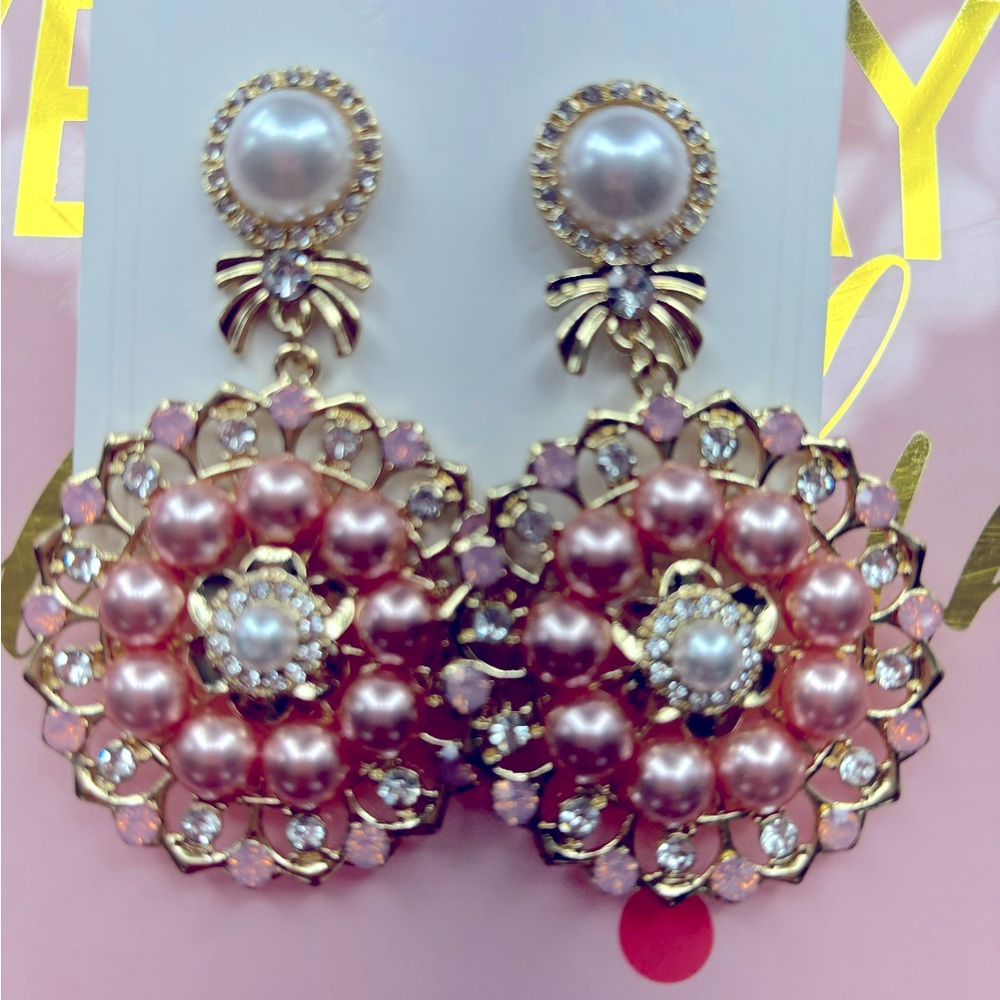 Pink Faux Pearl, Gold and Rhinestone Earrings